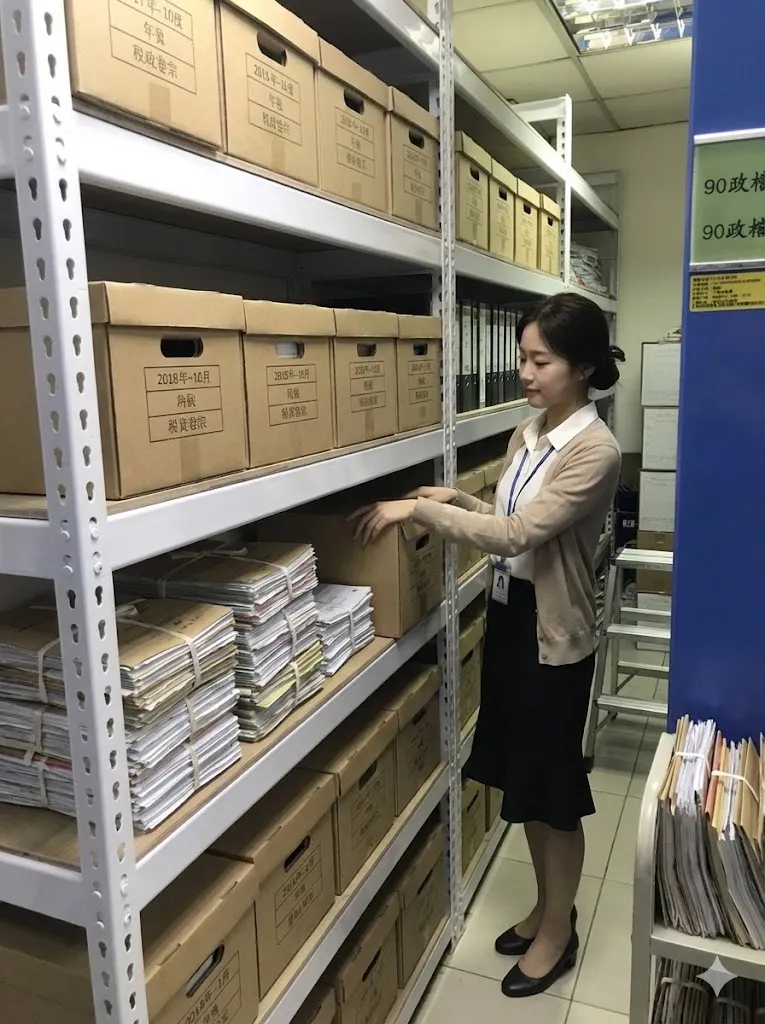 AI 優化情境示意：倉庫包材分層架，紙箱與包材依尺寸分層擺放，便於盤點常用物料並維持走道順暢。