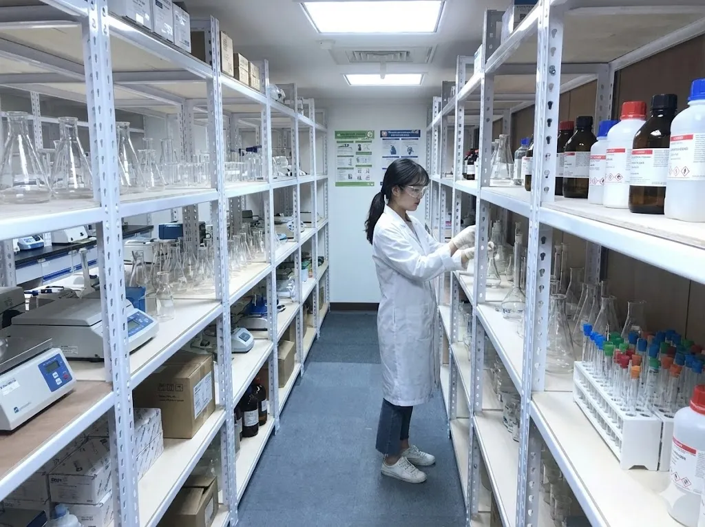 AI 優化情境示意：倉庫用品分類層架，清潔用品與箱裝物品分層收納，先按使用頻率安排容易取用的位置。