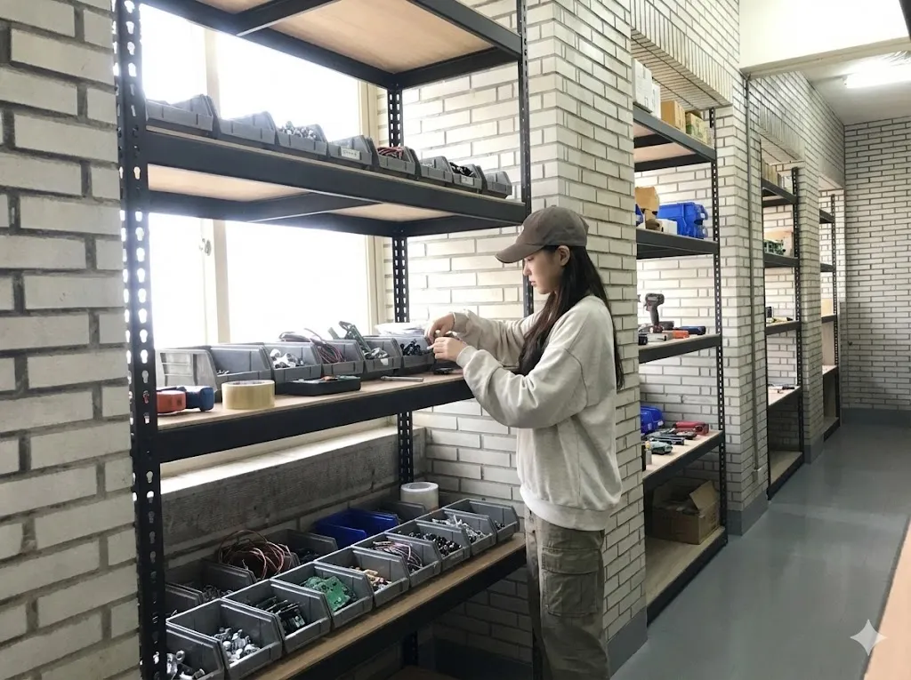AI 優化情境示意：窗邊物料展示架，金屬架分格收納罐裝物料，靠窗配置時也要預留操作與補貨空間。