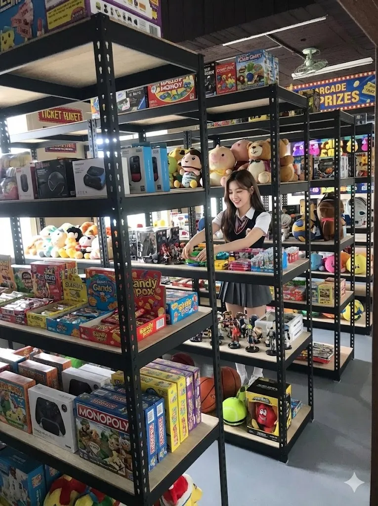 AI 優化情境示意：店面多層商品架，黑色層架展示盒裝商品與小物，適合依品類安排分層陳列。