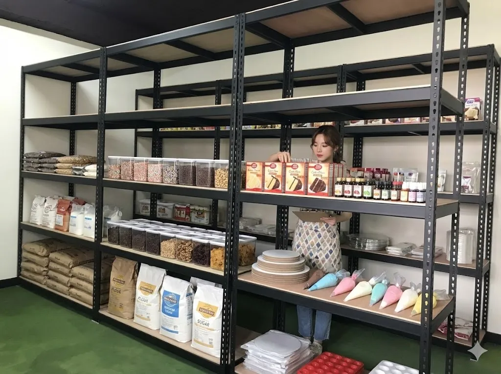 AI 優化情境示意：牆邊商品貨架，靠牆長型貨架集中擺放包裝商品，規劃時可按尺寸與補貨順序分區。
