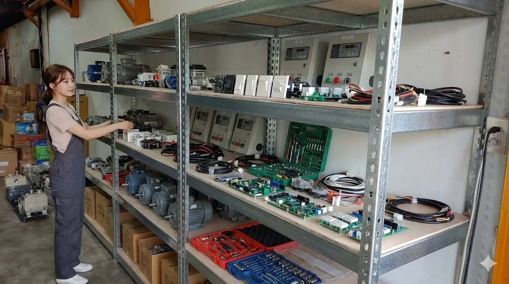 AI 優化情境示意：零件工具分類架，小零件與工具在金屬層板上分區擺放，方便工作時快速辨認與取用。