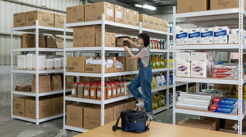 AI 優化情境示意：倉庫備品補貨架，箱裝備品分層存放，常用物品放在容易拿取的位置可提升整理效率。
