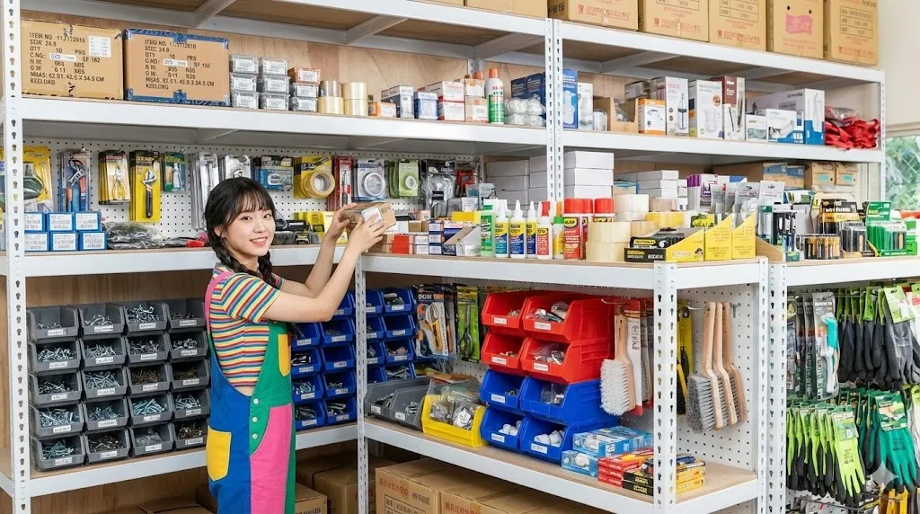 AI 優化情境示意：店面商品補貨架，多色包裝商品分層陳列，補貨前可將商品依類別與周轉頻率分類。