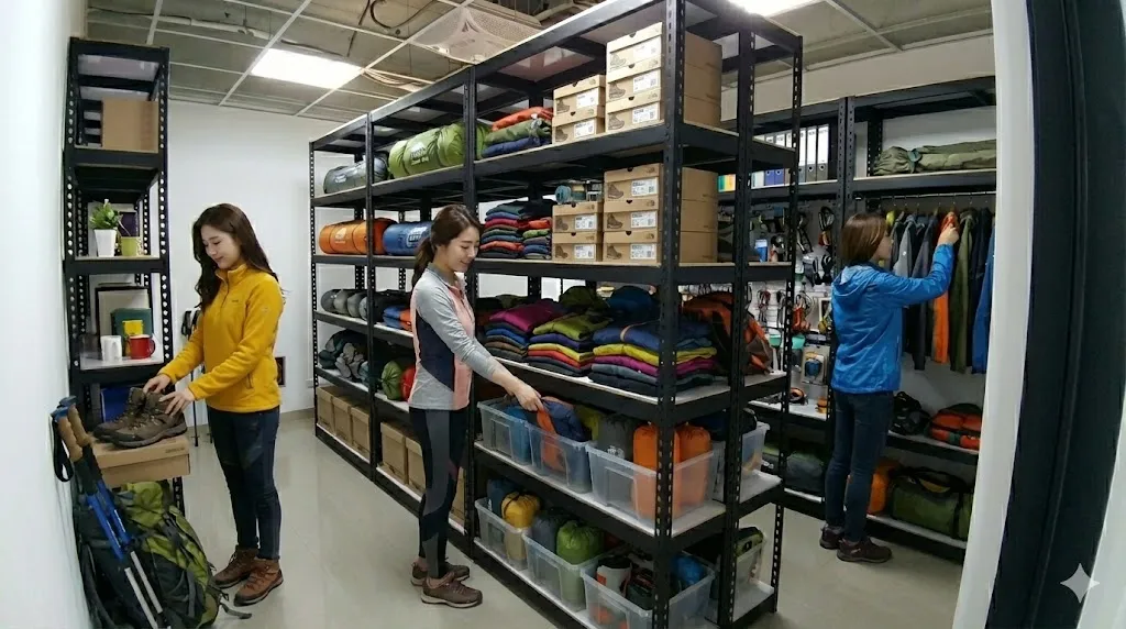 AI 優化情境示意：服飾商品陳列架，黑色多層架展示服飾與包裝商品，可按款式、尺寸或類別分層陳列。