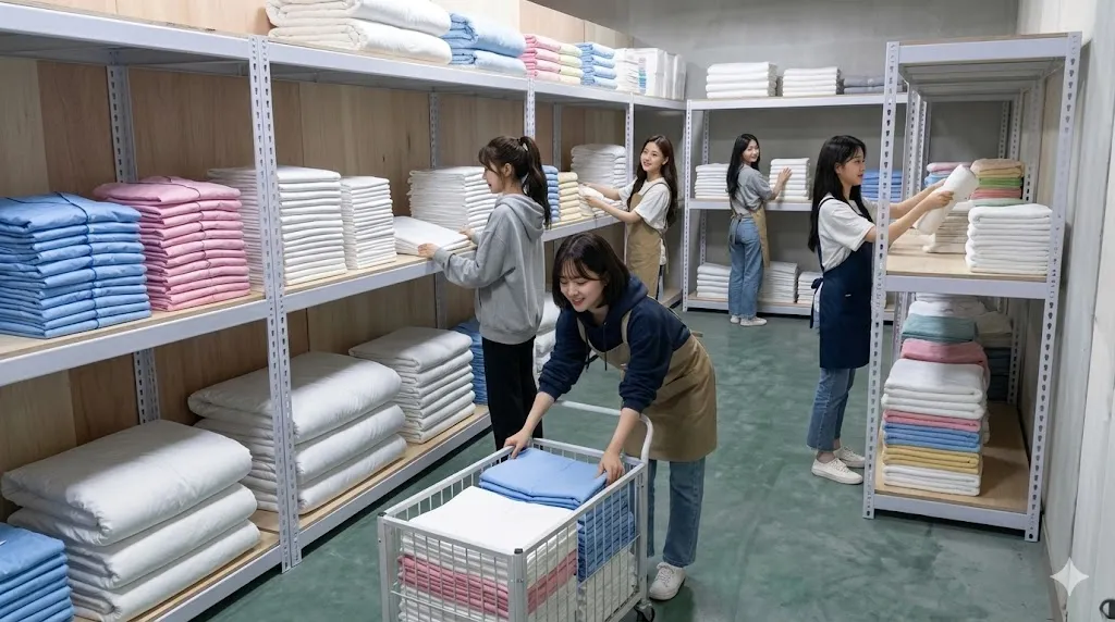 AI 優化情境示意：布料與寢具展示層架，布料與寢具整齊堆放於貨架，依品項和包裝大小區分展示位置。