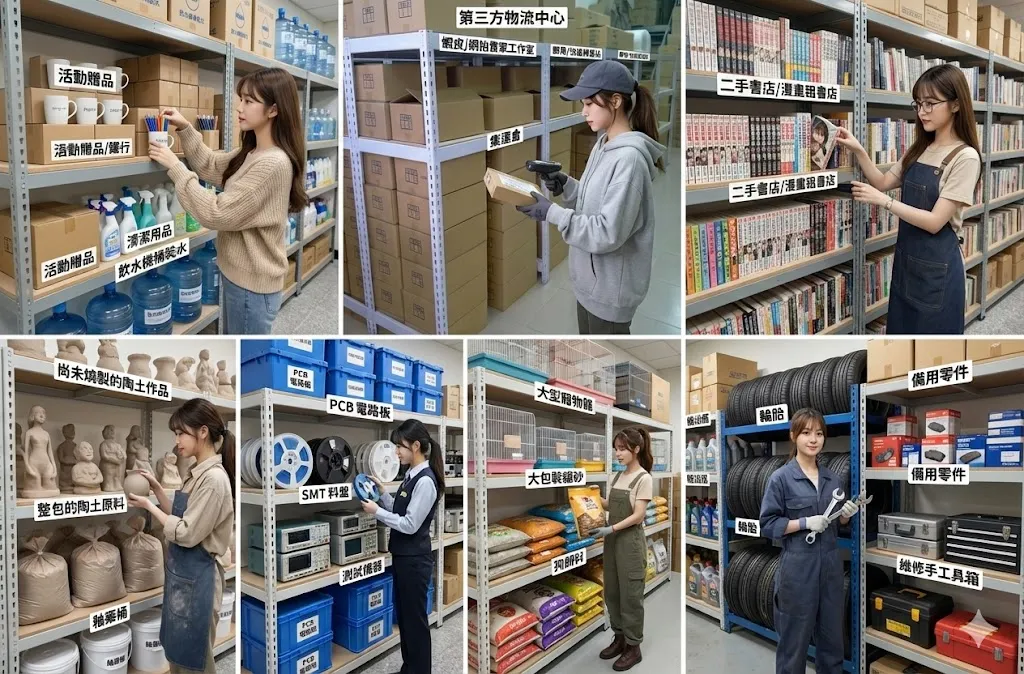 AI 優化情境示意：商品與收納盒展示架，商品、收納盒和小物分層陳列，讓不同品類有明確的展示位置。