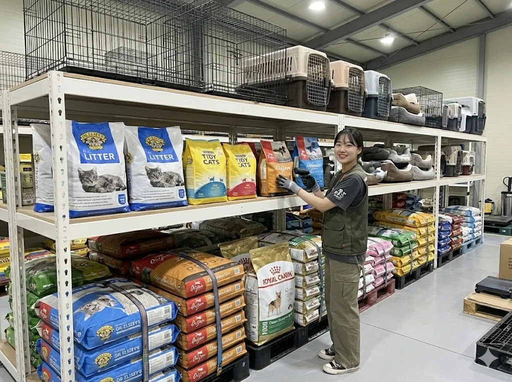 AI 優化情境示意：日用品貨架陳列，包裝日用品依品類排列於貨架，常用或促銷商品可放在容易看到的位置。