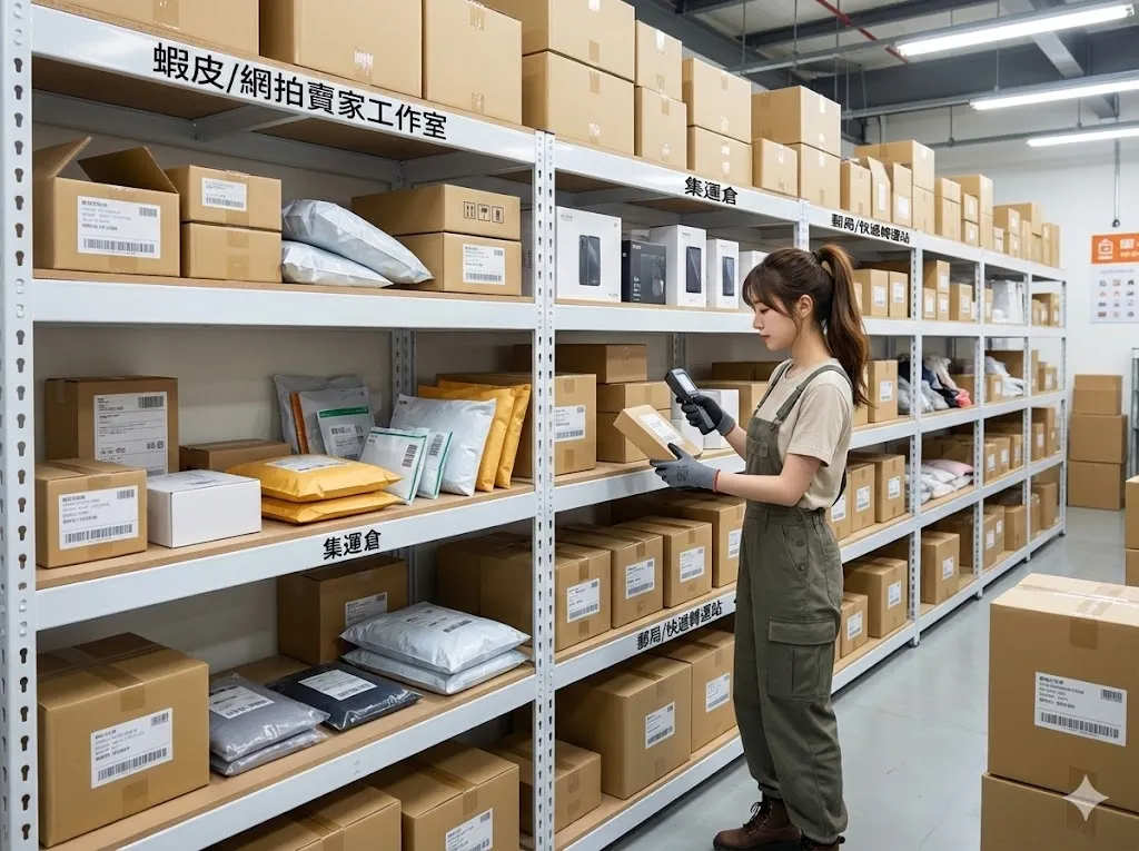 AI 優化情境示意：紙箱與包材收納架，紙箱依大小分層存放，可先把常用包材與較少取用的庫存分區。