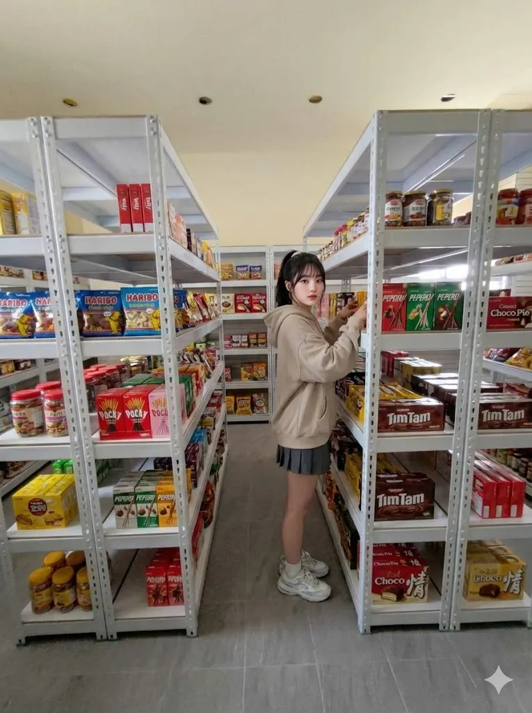 AI 優化情境示意：店面備品與商品架，店內商品和備品分層收納，依補貨頻率安排陳列區與後備庫存。