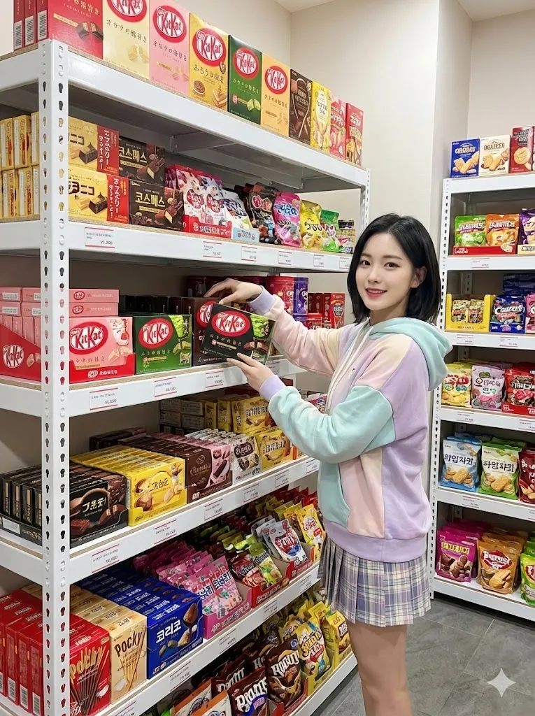 AI 優化情境示意：零食商品陳列架，零食與包裝食品按品類分層，方便瀏覽也利於日常補貨。