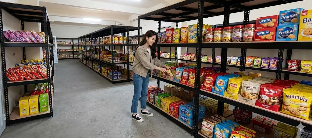 AI 優化情境示意：賣場長排商品貨架，多排貨架展示各式商品，規劃通道時需兼顧顧客通行和補貨作業。