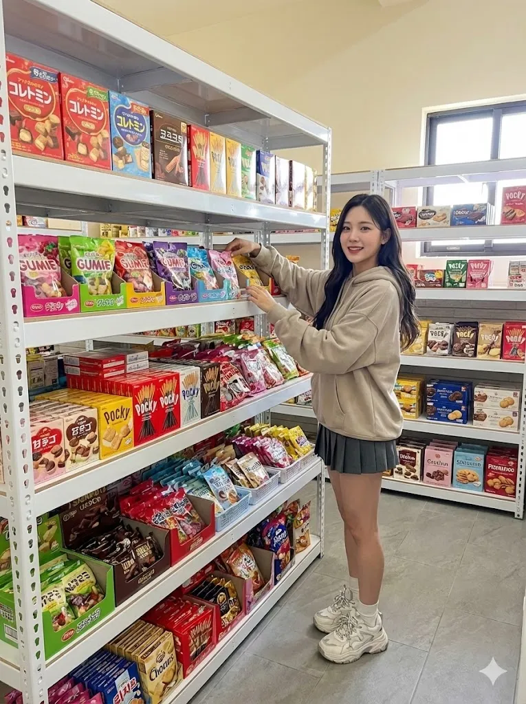 AI 優化情境示意：零售商品分類層架，瓶裝與盒裝商品依種類排列，可把相近品項安排在同一區域。