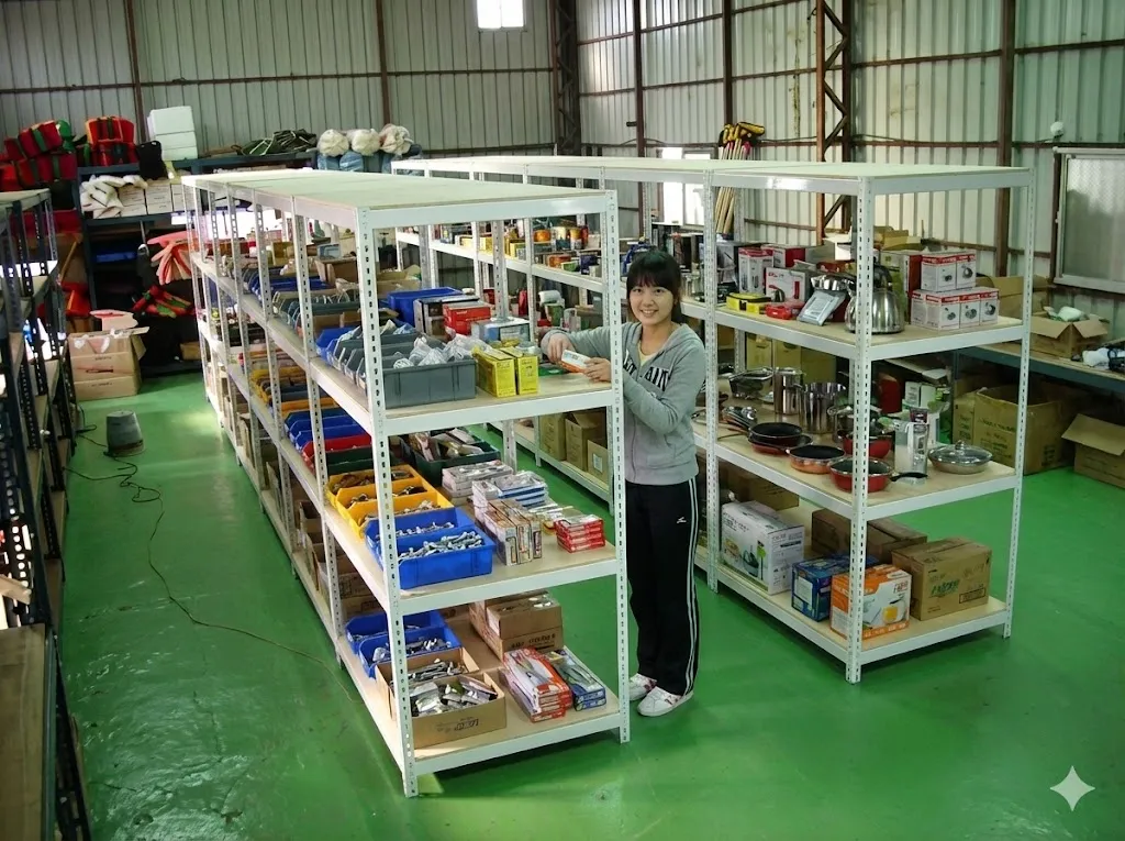 AI 優化情境示意：小店面貨架配置，多組層架分區展示商品，預先量測入口與走道有助安排合適位置。