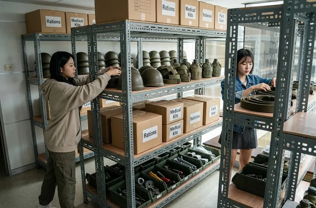 AI 優化情境示意：箱裝貨品與耗材架，紙箱與耗材依品項分層，可按先進先出或補貨流程安排存放區。