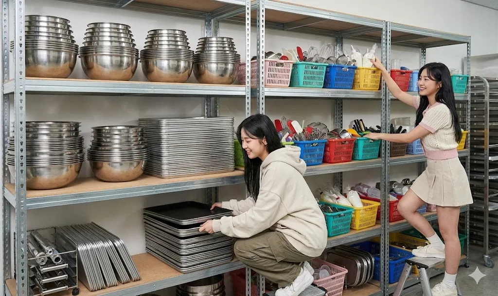 AI 優化情境示意：餐具鍋具整理架，鍋具、餐具與廚房用品分區擺放，先量器皿尺寸再安排層板高度。