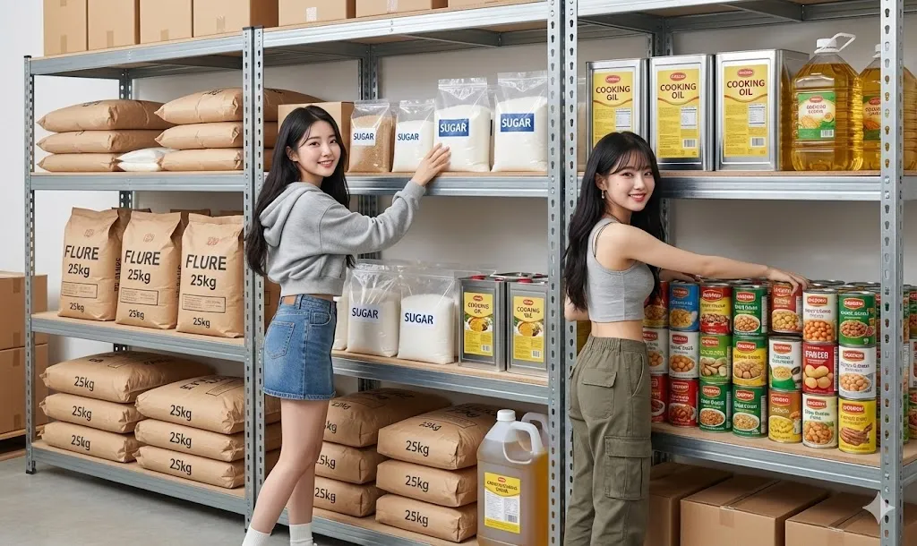 AI 優化情境示意：商店食品與罐裝商品架，罐裝及包裝商品依品類陳列，補貨位置可按商品周轉頻率安排。
