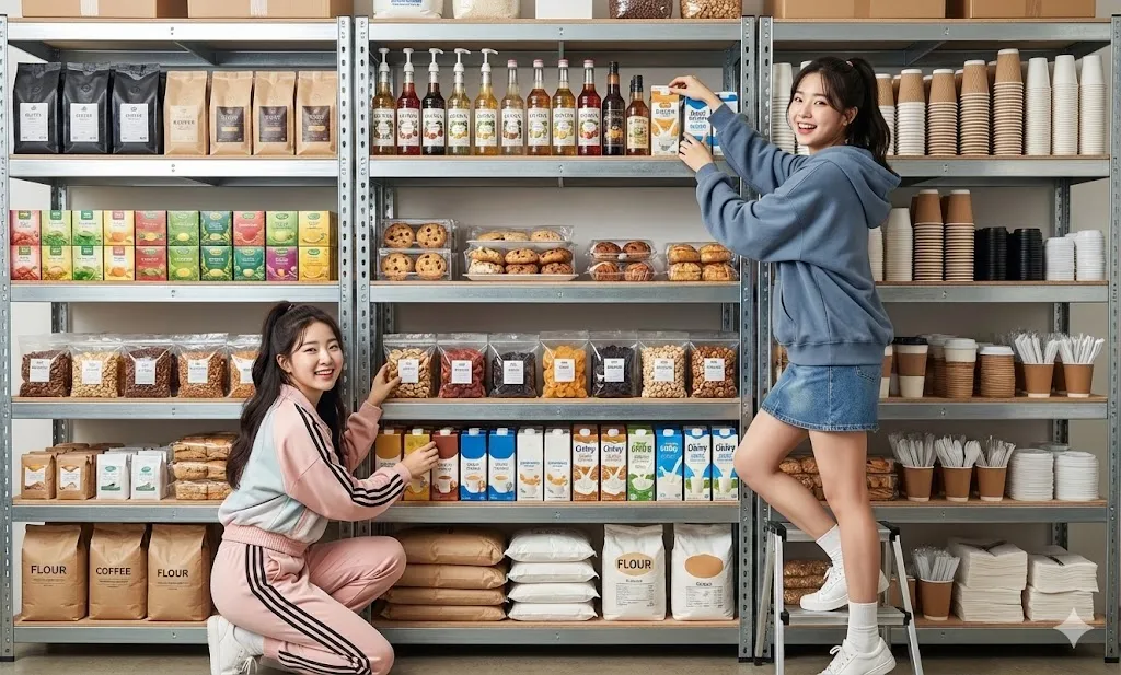 AI 優化情境示意：罐裝食品陳列層架，瓶罐與食品包裝整齊排列，分類呈現有助顧客找到所需品項。