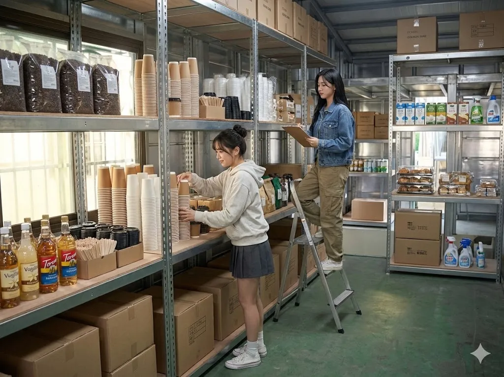 AI 優化情境示意：倉庫箱裝用品架列，架列存放箱裝商品和備品，規劃時一併考量進貨路線與取貨通道。
