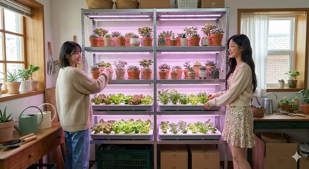 AI 優化情境示意：花藝商品展示層架，花材與花藝用品分層呈現，依展示效果和補充方式安排架面。