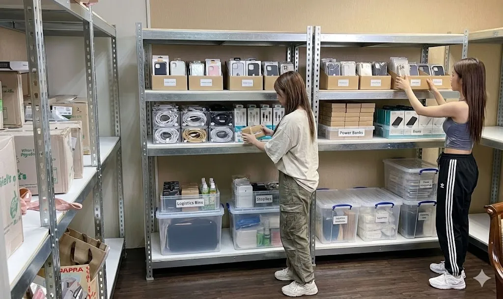 AI 優化情境示意：家庭用品與收納盒架，居家用品分層存放，將常用物品放在順手位置並保留整理空間。