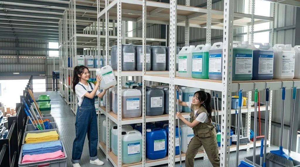 AI 優化情境示意：工作區工具與材料架，小型工具與工作材料整齊分層，依操作順序安排備料和收回的位置。