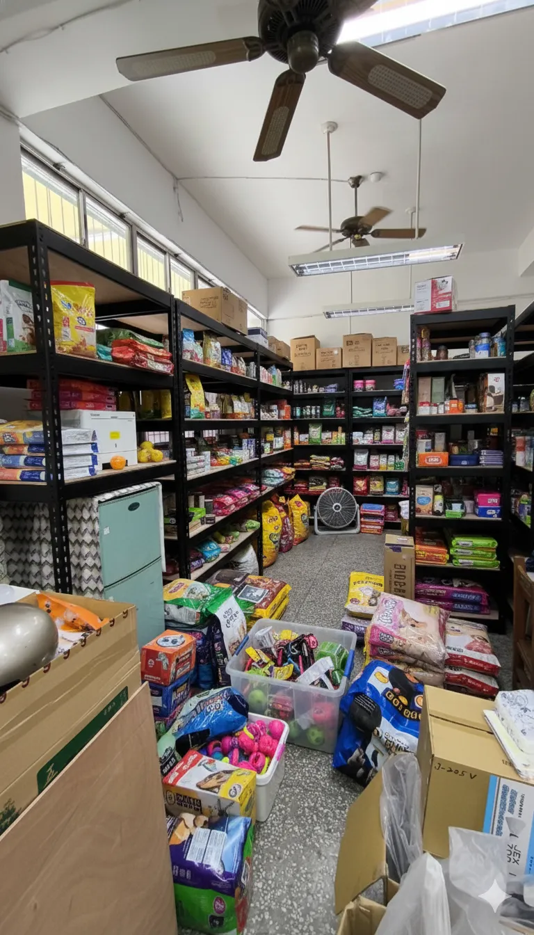 AI 優化情境示意：店面牆邊商品架，壁邊層架擺放瓶罐與包裝商品，依品項和補貨頻率分層安排。