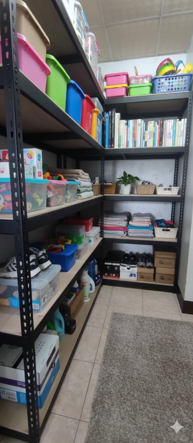 AI 優化情境示意：窄型零售商品架，窄空間以層架展示商品，先量走道與貨架深度避免影響通行。