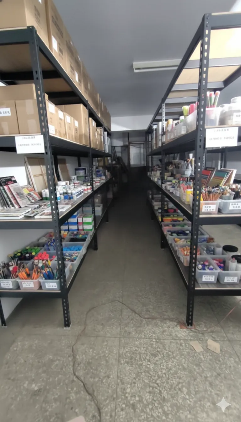 AI 優化情境示意：倉庫兩側貨架通道，架列沿長通道分布，規劃時保留搬運空間並讓常用貨品容易取放。