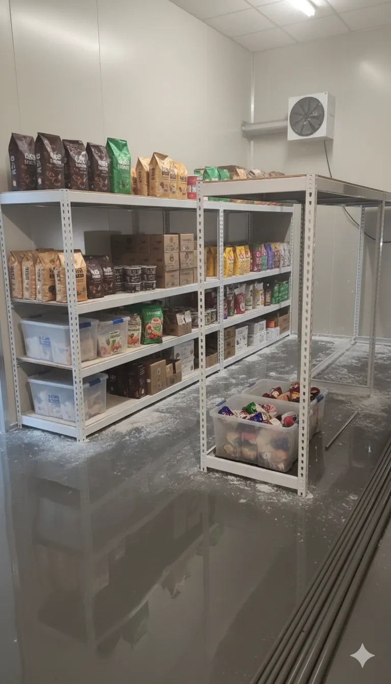 AI 優化情境示意：家庭備品與收納籃架，收納籃和家用備品分層放置，先依物品尺寸選擇合適的收納位置。