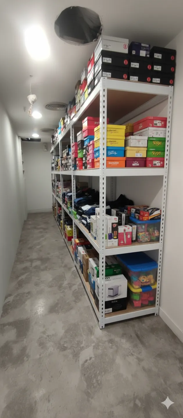 AI 優化情境示意：窄型生活用品層架，窄長空間使用直立層架整理商品，規劃前量好可用寬度與取物位置。