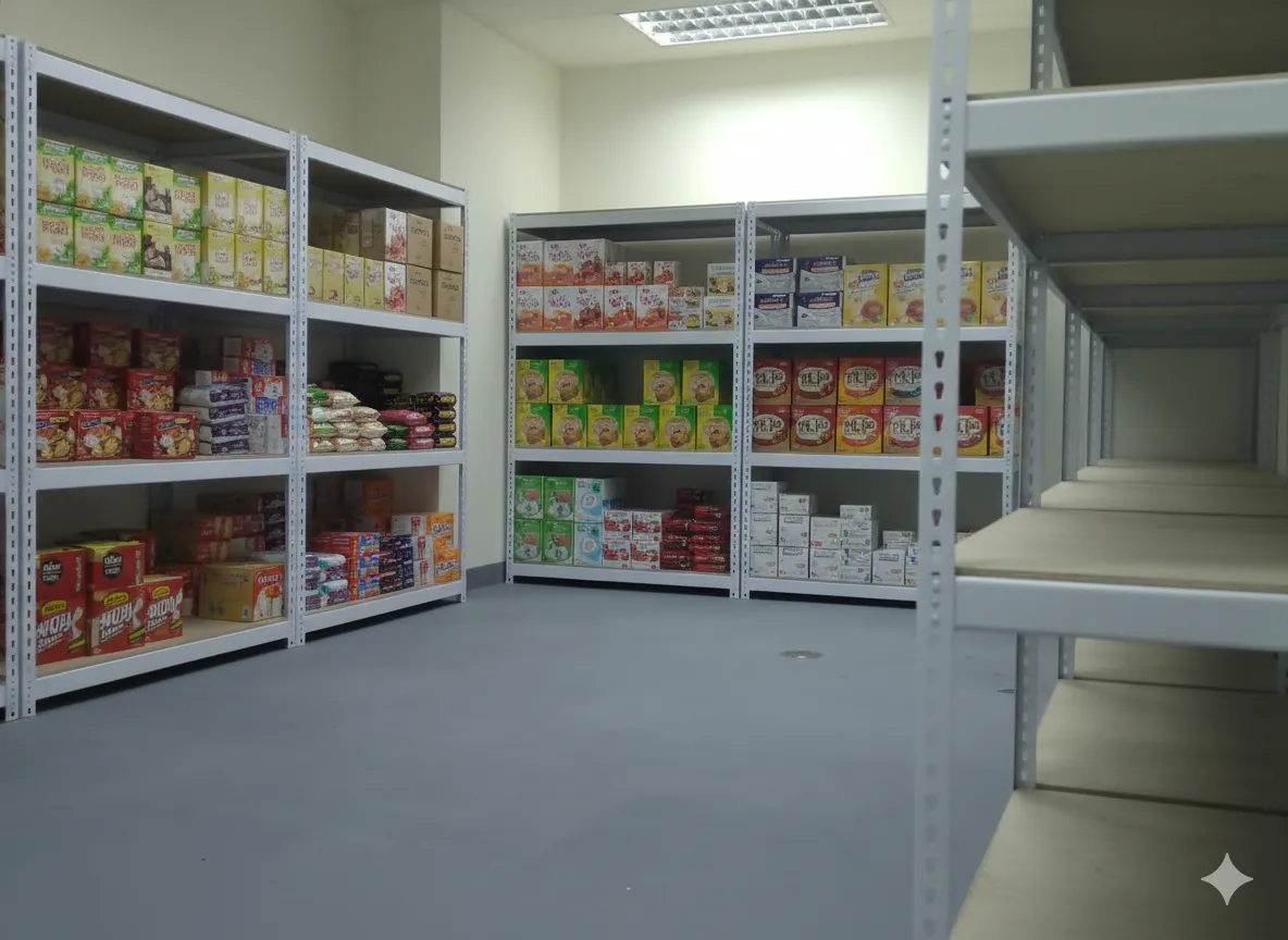 AI 優化情境示意：店面環繞式商品陳列，多面貨架集中展示商品，安排品類區域時一併確認顧客動線。
