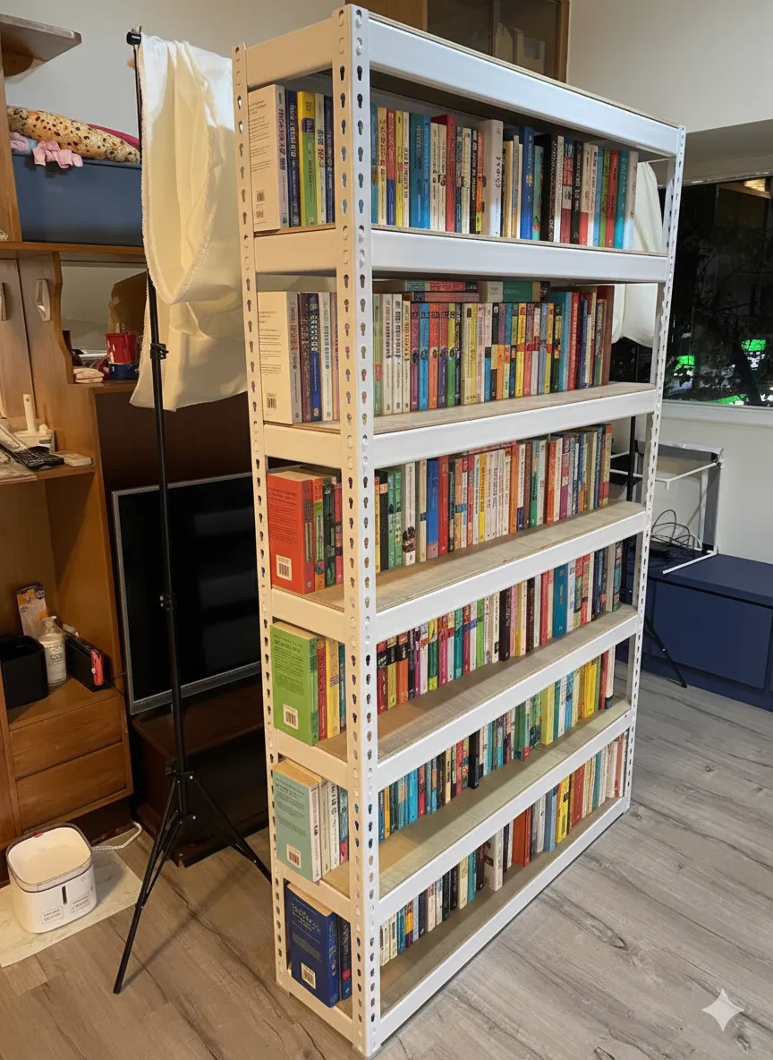 AI 優化情境示意：書籍與資料室書架，書籍按類別沿層架排列，適合先整理冊數、尺寸及日常查閱方式。