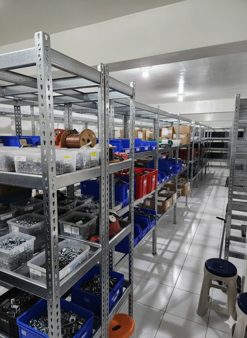 AI 優化情境示意：倉庫箱裝物料架列，多排金屬層架存放箱裝物料，依存取頻率安排架位和通道。