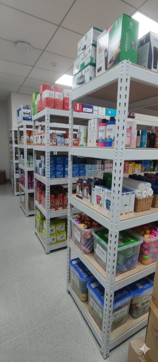 AI 優化情境示意：小型賣場商品架，店面層架分類展示各種商品，可依主力品項規劃陳列順序。