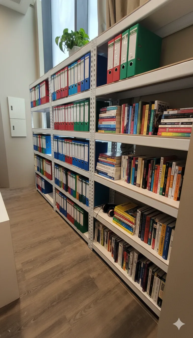 AI 優化情境示意：圖書資料長排書架，沿牆書架收納成排書籍，清楚分區有助維持資料排列和查找。
