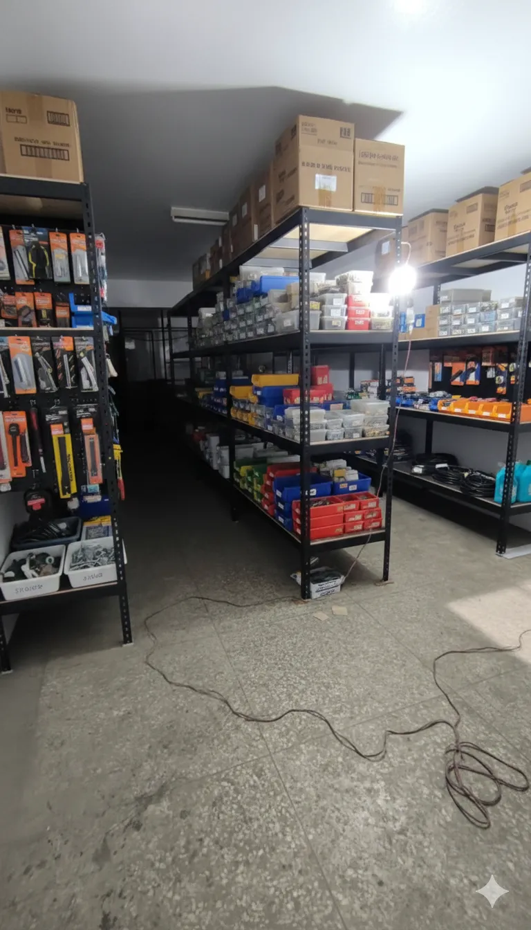 AI 優化情境示意：店面深處備品貨架，較深的店內空間以層架整理存貨，常用商品可放在入口附近的區域。