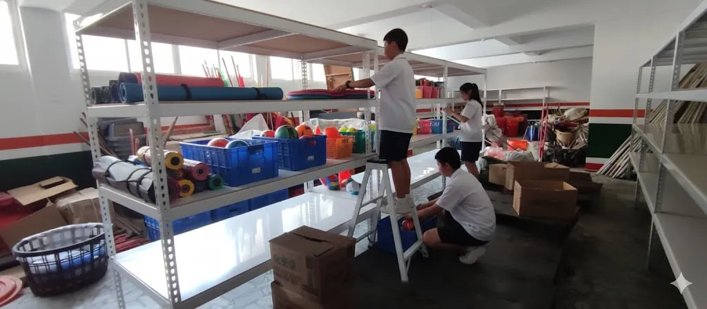 AI 優化情境示意：攤位備品與收納架，店面用品和周轉容器集中收納，先依營業動線安排展示及後場備品。