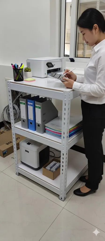 AI 優化情境示意：桌邊文件與工具層架，文件和小型工具放在近手位置，依工作流程安排取用與歸位區。