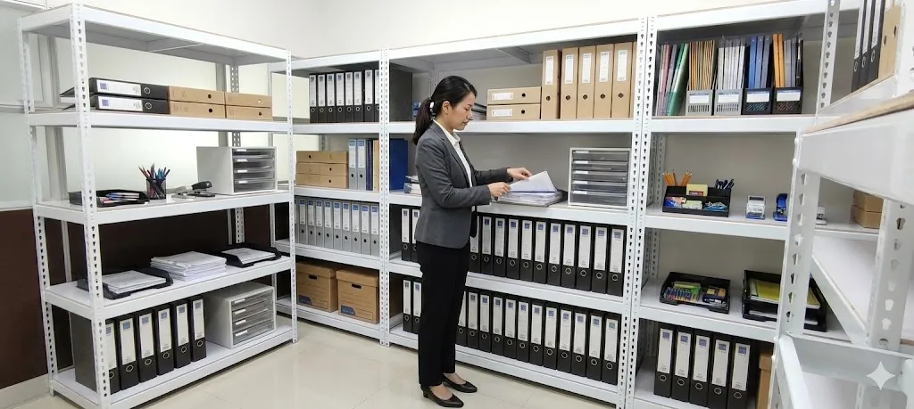 AI 優化情境示意：資料夾與型錄收納架，資料夾及型錄分區排列，架位標示可協助多人共同查找。