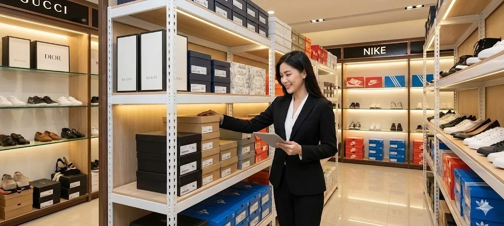 AI 優化情境示意：商店商品陳列與補貨，店內商品分區展示，將後備存量安排在便於補貨的位置更好管理。