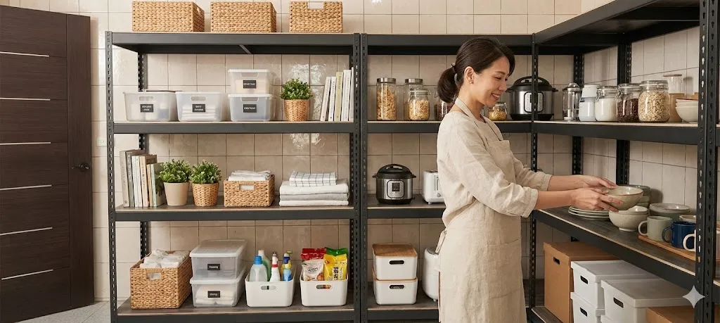 AI 優化情境示意：廚房瓶罐與備品架，瓶罐、乾貨和廚房用品分類擺放，依常用程度安排容易取用的層位。