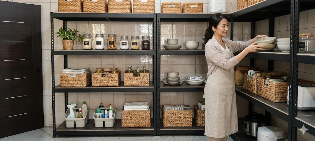 AI 優化情境示意：餐廚備品與罐裝物架，廚房備品和罐裝物品依種類收納，先確認容器高度及架面深度。