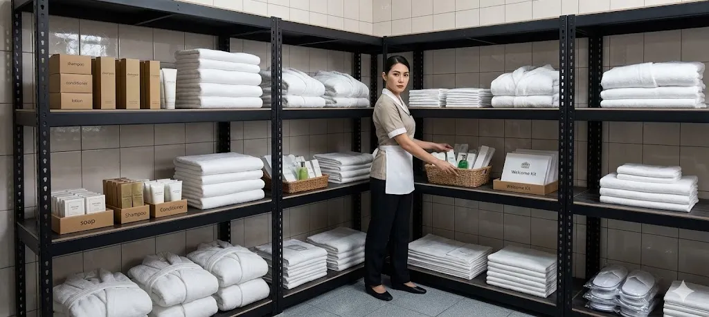 AI 優化情境示意：布品與居家用品架，布品和盒裝家用品分層整理，按尺寸與收納方式安排每個層位。