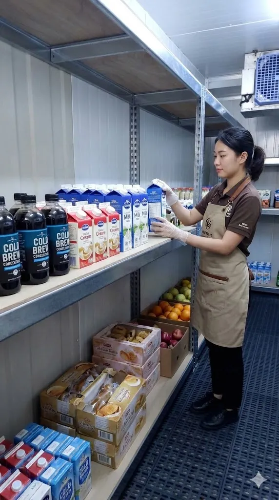AI 優化情境示意：窄型店面補貨層架，窄走道旁擺放日用品，安排架深時需兼顧取貨空間和通行。