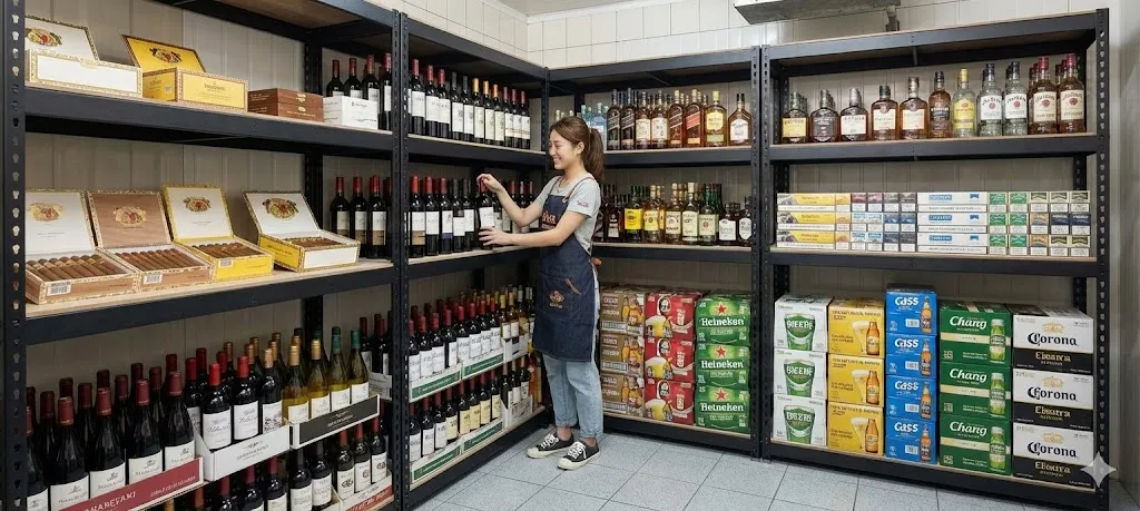 AI 優化情境示意：飲料商品展示貨架，瓶罐和包裝飲品按類別排列，規劃時先確認商品高度與陳列面需求。
