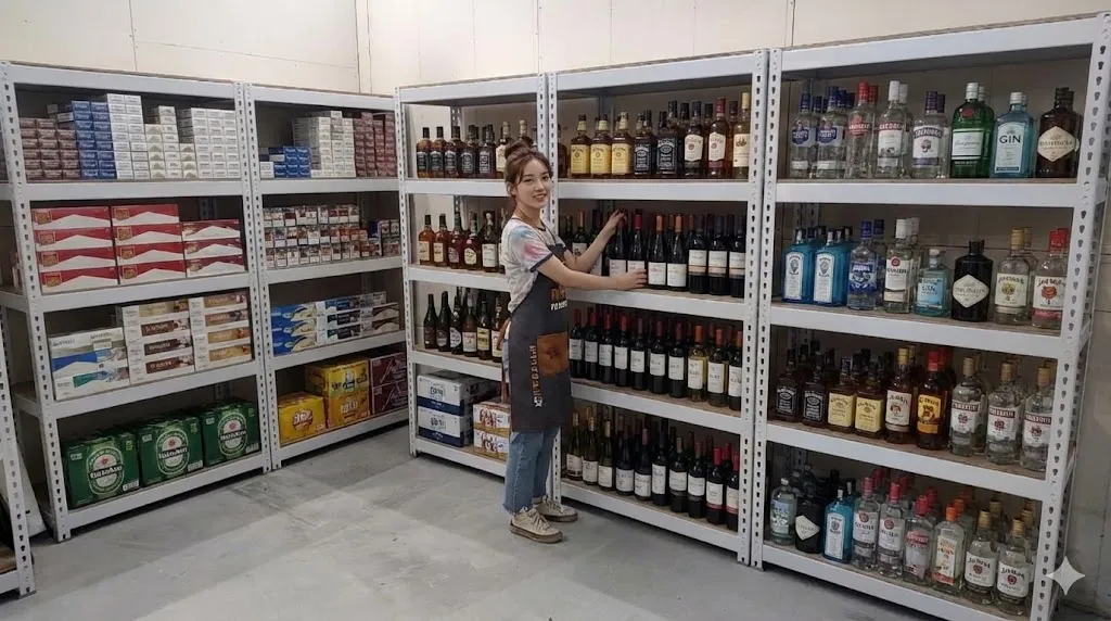 AI 優化情境示意：零售貨架與小物收納，小型商品和備品依類別分層，安排架位時可預留標籤及補貨空間。