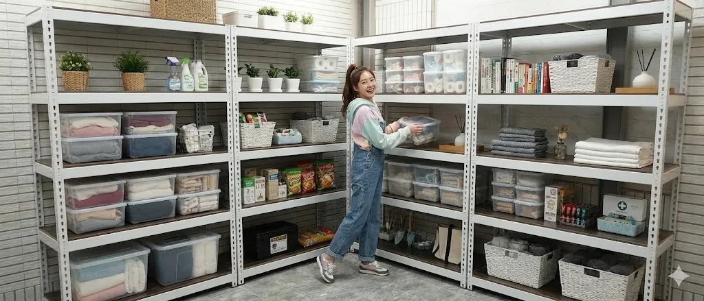 AI 優化情境示意：居家收納盒與生活用品架，收納盒與家庭用品分層放置，先依使用頻率和物品尺寸整理區域。