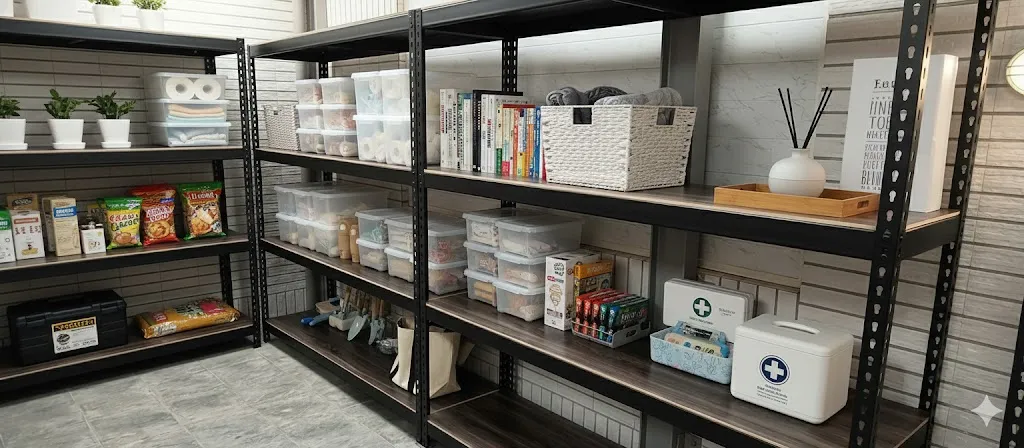 AI 優化情境示意：黑色居家備品層架，家用品與收納盒整齊排列，按使用頻率分層有助於日常整理。