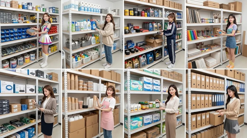 AI 優化情境示意：商店長排補貨層架，長排貨架展示包裝商品，依品項分區並預留補貨作業空間。